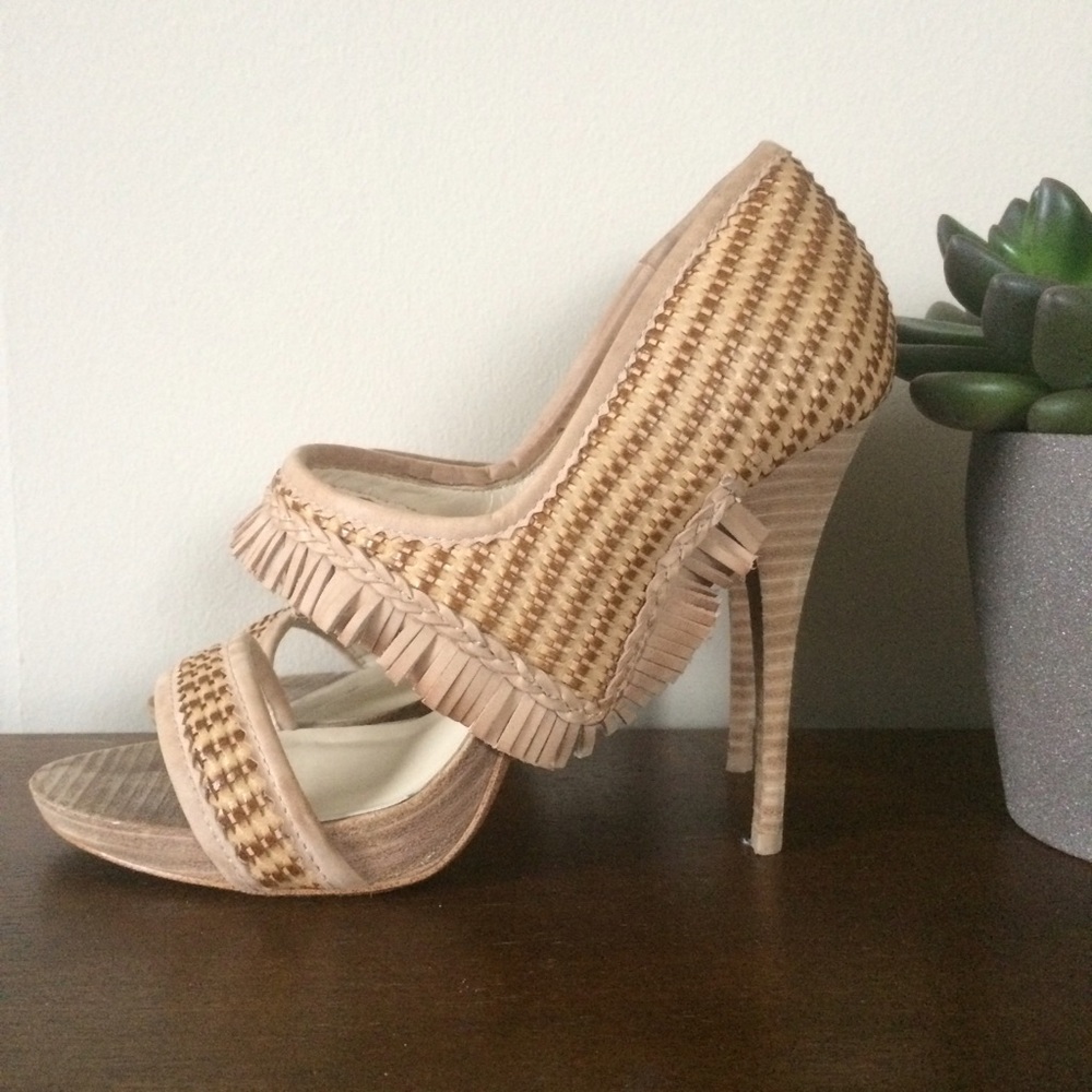 Max Studio Woven Fringe High Heels in Beige